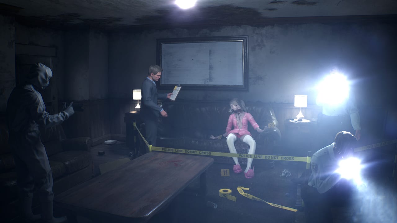 Rehaunted interior investigation with evidence markers and UV light across a living room crime scene